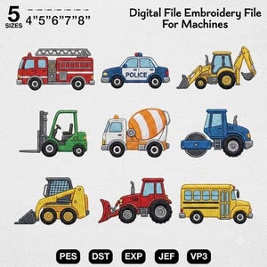 Puede incluir: Un conjunto de archivos de bordado digital con nueve vehículos de construcción y emergencia, incluyendo un camión de bomberos rojo, coche de policía azul, retroexcavadora amarilla, carretilla elevadora verde, hormigonera naranja, rodillo azul, tractor rojo y autobús escolar amarillo.