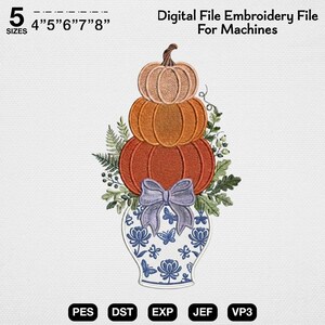 Chinoiserie Pumpkin Embroidery Design, Blue and White Vase Digital File, Elegant Fall Pattern, Stacked Pumpkins Download, Preppy Autumn