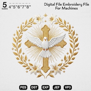 Può includere: File di ricamo digitale per macchine. Il design presenta una croce dorata con una colomba bianca, circondata da una ghirlanda floreale dorata e gigli. Il design è disponibile in 5 misure, da 10.16cm a 20.32cm. Formati file: PES, DST, EXP, JEF e VP3.