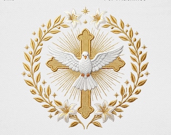 May include: Digital embroidery file for machines. The design features a gold cross with a white dove, surrounded by a gold floral wreath and lilies. The design is available in 5 sizes, from 4" to 8". File formats include PES, DST, EXP, JEF, and VP3.