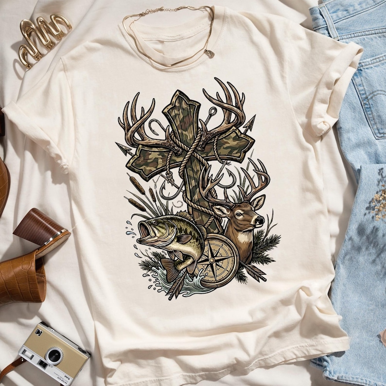 May include: Cream-colored t-shirt featuring a graphic design with a cross, deer antlers, a compass, a fish, and a deer. The cross has a camouflage pattern. The design incorporates fishing hooks and arrows.