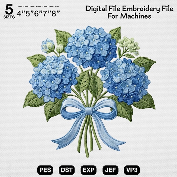 Hydrangea Embroidery Design, Blue Floral Bouquet Embroidery File, Flower Bouquet Embroidery Pattern, Elegant Floral Design, Spring Garden