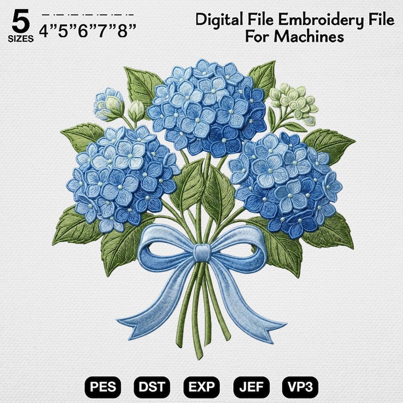 Hydrangea Embroidery Design, Blue Floral Bouquet Embroidery File, Flower Bouquet Embroidery Pattern, Elegant Floral Design, Spring Garden image 1