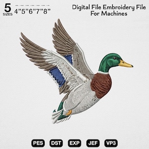 May include: A digital embroidery file for machines featuring a mallard duck in flight with a green head, brown chest, and wings with blue, white, and brown feathers. The text reads 5 SIZES 4" 5" 6" 7" 8" Digital File Embroidery File For Machines PES DST EXP JEF VP3.