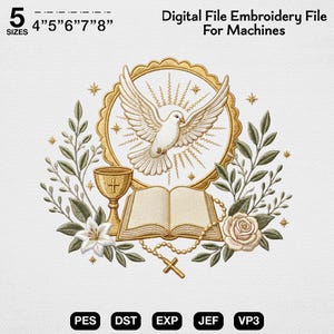 Può includere: File di ricamo digitale con una colomba bianca, simboli religiosi ed elementi floreali. Include un calice, un libro aperto e un rosario. Il design è disponibile in 5 misure, da 10,16 cm a 20,32 cm. Il testo recita "Digital File Embroidery File For Machines".