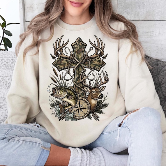 Christian Hunting PNG, Camo Cross Deer And Fish Design, Faith Outdoorsman Graphic, Hunting Fishing Christian PNG