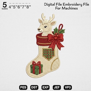 May include: A digital embroidery file for machines featuring a cream-colored Christmas stocking with a reindeer head emerging from the top. The stocking has a red cuff, a large red bow, a green gift box, and text stating 5 sizes 4" 5" 6" 7" 8".