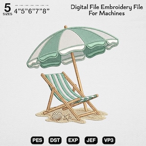 May include: Digital embroidery file featuring a beach scene with a striped deck chair, a parasol, and a seashell. The parasol is mint green and white. The file is available in 5 sizes: 4", 5", 6", 7", and 8". Formats include PES, DST, EXP, JEF, and VP3.
