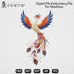 May include: A digital embroidery file for machines featuring a phoenix with wings spread, rendered in red, blue, and gold thread. The design includes small star accents and text stating 5 SIZES 4"5"6"7"8" and Digital File Embroidery File For Machines.