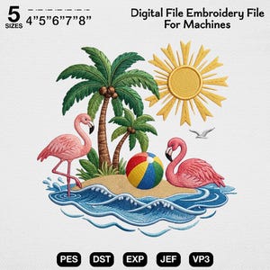 Könnte beinhalten: Digitales Stickmuster mit einer tropischen Strandszene mit rosa Flamingos, Palmen, einem bunten Strandball und einer gelben Sonne. Das Design enthält den Text "Digital File Embroidery File For Machines" und Größen von 10.16cm bis 20.32cm.