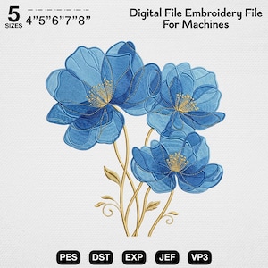 Könnte beinhalten: Digitales Stickmuster mit einem Blumendesign mit blauen Blütenblättern und goldenen Akzenten. Das Bild enthält den Text "Digital File Embroidery File For Machines" und Größenoptionen von 10.16 cm bis 20.32 cm. Dateiformate sind PES, DST, EXP, JEF und VP3.