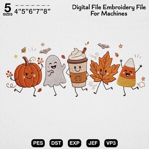 Cute Halloween Embroidery Design, Pumpkin Ghost Embroidery, Fall Coffee Latte, Candy Corn, Maple Leaf, Kawaii Autumn File
