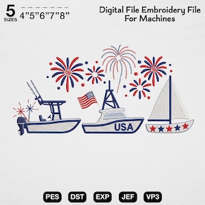Op de afbeelding: Een digitaal borduurbestand met drie boten in rood, wit en blauw. Het ontwerp bevat vuurwerk, een Amerikaanse vlag en de tekst USA. Het vermeldt 5 maten van 4 tot 8 inch en de bestandsformaten PES, DST, EXP, JEF en VP3.