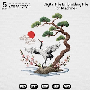 Japanese Crane Embroidery Design, Sakura Blossom Embroidery File, Zen Crane Art, Bonsai Tree Embroidery Pattern, Oriental Bird