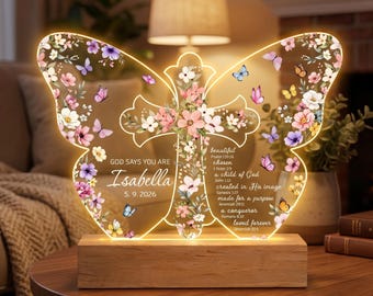クリスチャンの誕生日プレゼント、パーソナライズされた「神様はあなたが蝶だと言っています」LEDナイトライト、カスタム名入り聖句ランプ、信仰の贈り物
