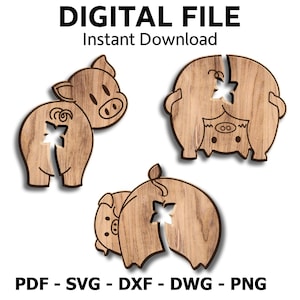 Könnte beinhalten: Drei Holz-Schweine-Ausschnitte mit einem sternförmigen Loch. Die Schweine sind hellbraun mit dunkelbraunen Rändern. Der Text "DIGITAL FILE Instant Download" und Dateityp-Abkürzungen befinden sich oben und unten.