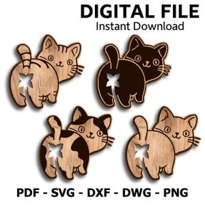 以下が含まれることがあります： ユニークなデザインの木製の猫型切り抜きが4つ。2つは木目のある明るい茶色、1つは黒、1つは茶色と白です。各猫には尻尾と星型の切り抜きがあります。「DIGITAL FILE Instant Download」というテキストが含まれています。