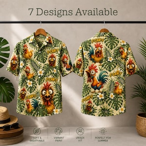 May include: Two short-sleeve button-down shirts featuring a tropical pattern of green monstera leaves, white flowers, and cartoon chickens with wide eyes. The text F-CAW-F is printed throughout the design. The top text reads 7 Designs Available.