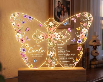 Personalized First Communion Gift for Girls Boys, Custom Name Butterfly LED Lamp, Floral Cross Bible Verses, Catholic Baptism Confirmation