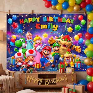 May include: A rectangular birthday backdrop featuring Mario, Luigi, Princess Peach, Rosalina, Bowser, Bowser Jr., and Toads against a cosmic background. The text reads Happy Birthday Emily in colorful letters. Balloons and gift boxes are visible.