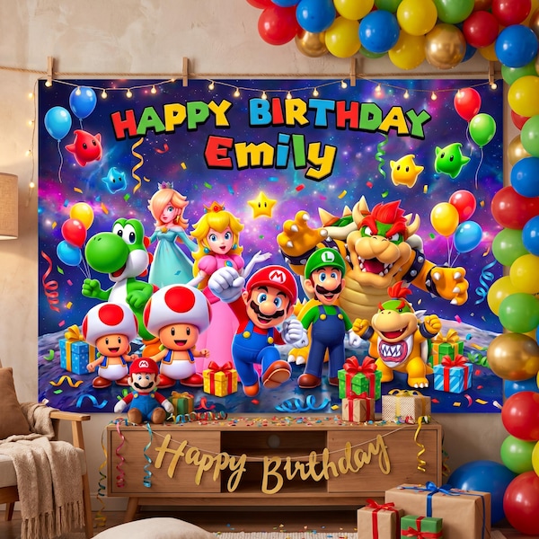 Customized colorful space birthday backdrops, video game party banners, children's photo booth decorations