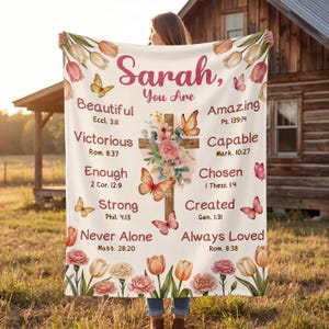 Personalized Watercolor Floral Cross Blanket, Christian Affirmation Throw, Bible Verse Gift