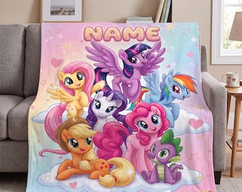 Personalized Pastel Pony Blanket | Custom Name Rainbow Throw | Girls Room Decor, Flannel