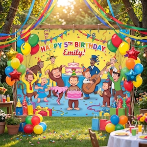 May include: A rectangular birthday backdrop featuring a yellow and blue background with the text Happy 5th Birthday Emily. The scene depicts Curious George characters, a birthday cake, colorful balloons, streamers, and gift boxes in a festive setting.