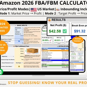 Pode incluir: Captura de tela de uma interface de calculadora Amazon FBA/FBM. A interface exibe margens de lucro, lucro líquido e ponto de equilíbrio. A calculadora inclui taxas atualizadas e é testada em relação ao Seller Central. O texto diz: "STOP GUESSING! KNOW YOUR REAL PROFIT!"