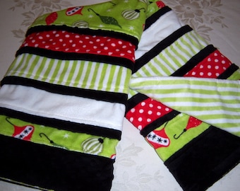 Sale!  Christmas Ornaments, Red And White Polka Dots, Green And White Stripes, Black Trimmed Baby/Toddler Minky Blanket