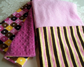 SALE!  Pinks, Browns, Bright Yellow Crazy Squares & Stripes Minky Baby/Toddler Blanket