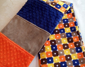 SALE!  Orange Browns Blue & Yellow Squares Minky Baby/Toddler Blanket