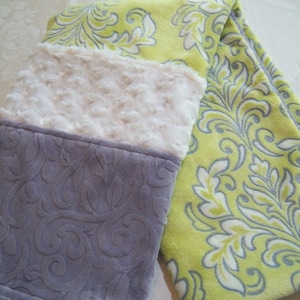 SALE!  Baby Elegance II - Lemon Lime, Silver Gray & Ivory Scrolls - Plush And Furry Baby/Toddler Minky Blanket