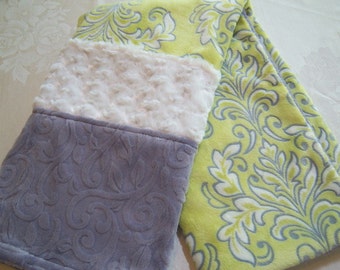 SALE!  Baby Elegance II - Lemon Lime, Silver Gray & Ivory Scrolls - Plush And Furry Baby/Toddler Minky Blanket