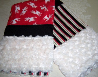 Sale!  White Reindeer, Red Black & White Stripe W/White Fur Minky Baby/Toddler Blanket