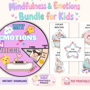 Puede incluir: Un paquete de descarga digital para niños con una "Rueda de Emociones" y páginas imprimibles sobre mindfulness y ejercicios de respiración. La rueda es rosa con gráficos de estrellas y nubes. Incluye guías de respiración de cupcake, donut y patines.