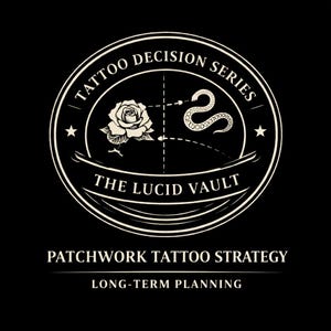 May include: Circular emblem with the text "Tattoo Decision Series" and "The Lucid Vault." The design includes a rose, a snake, and the words "Patchwork Tattoo Strategy" and "Long-Term Planning" in white on a black background.