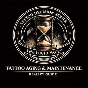 Puede incluir: Un diseño circular sobre un fondo negro presenta un reloj de arena con arena, rodeado de texto. El texto dice "TATTOO DECISION SERIES" y "THE LUCID VAULT". Debajo, se lee "TATTOO AGING & MAINTENANCE" y "REALITY GUIDE".