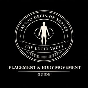 May include: A white circular logo on a black background. The logo features the text "TATTOO DECISION SERIES" and "THE LUCID VAULT". A stylized human figure is in the center, with arrows around it. The text "PLACEMENT & BODY MOVEMENT GUIDE" is below.