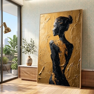 Elegant abstract vrouwensilhouet canvas, goudzwarte muurkunst, moderne vrouwelijke figuurschilderij, voorgevormd profielcanvas, chique huisdecoratie