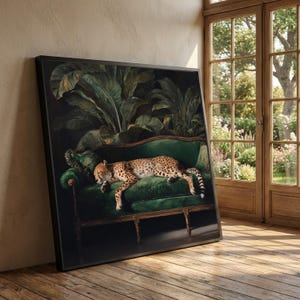 Sleeping Cheetah on Vintage Green Sofa Canvas, Wildlife Animal Wall Art, Exotic Home Decoration, Nature and Interior Canvas Print