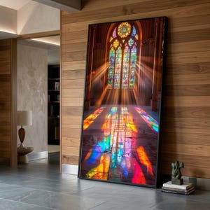 Vibrant Stained Glass Window Canvas, Colorful Light Rays Wall Art, Cathedral Interior Decor, Spiritual Home Decoration, Illuminated Window