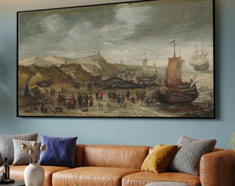 May include: A framed historical painting depicting a coastal scene with numerous figures, ships, and a beached whale. The artwork features a muted color palette with a focus on the sea, sky, and land, creating a sense of historical depth and detail.