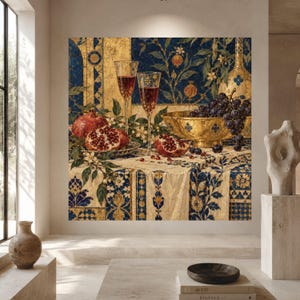 Vittorio Zecchin Pomegranate and Grapes Still Life, Elegant Floral Canvas, Classic Gold and Blue Wall Art, Decorative Fruit Arrangement,