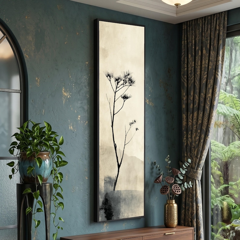 Long Narrow, Minimalist Tree Silhouette Canvas, Asian Ink Style Wall ... - Per.Intgrave Minimalist Long-Distance