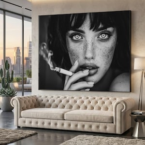 Intense Gaze Woman Portrait Canvas, Black and White Freckled Face Wall Art, Smoky Mood Photography, Dramatic Home Decor, Modern Canvas Print