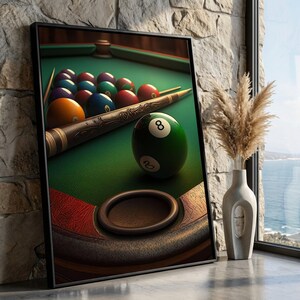 Vintage Pool Table with Billiard Balls Canvas, Intricate Cue Stick Art, Game Room Wall Decor, Sports Canvas Wall Art, Ready to Hang