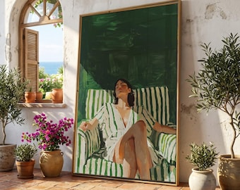 May include: A framed artwork depicts a person in a striped dress, seated in a striped chair. The painting has a green and white color scheme. The artwork is displayed on a brick patio, with potted plants and a window in the background.