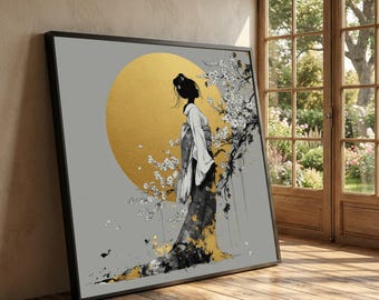 Könnte beinhalten: Ein quadratisches Wandbild mit dem Scherenschnitt einer Person im Kimono vor einem großen goldenen Kreis. Das Motiv zeigt weiße Kirschblütenzweige und goldene Akzente auf einem einfarbigen grauen Hintergrund in einem schwarzen Rahmen.