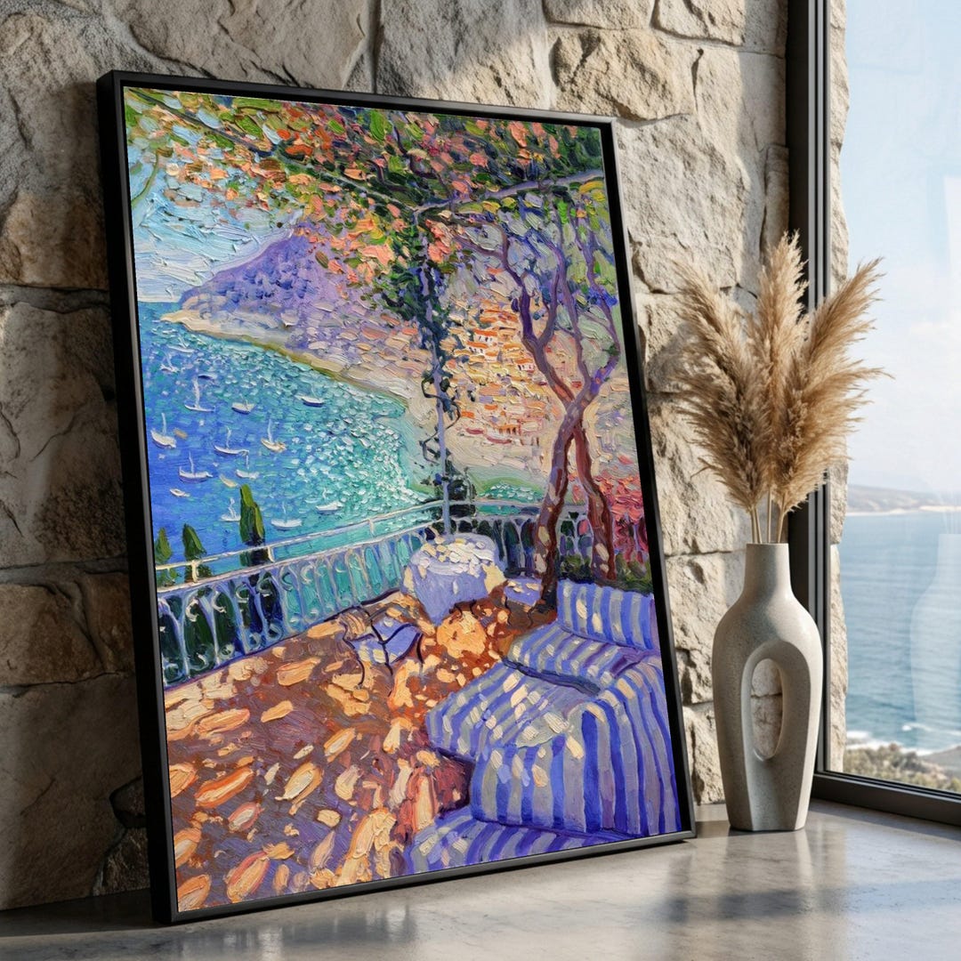 Coastal Terrace View Canvas, Mediterranean Sea Landscape, Impressionist ...